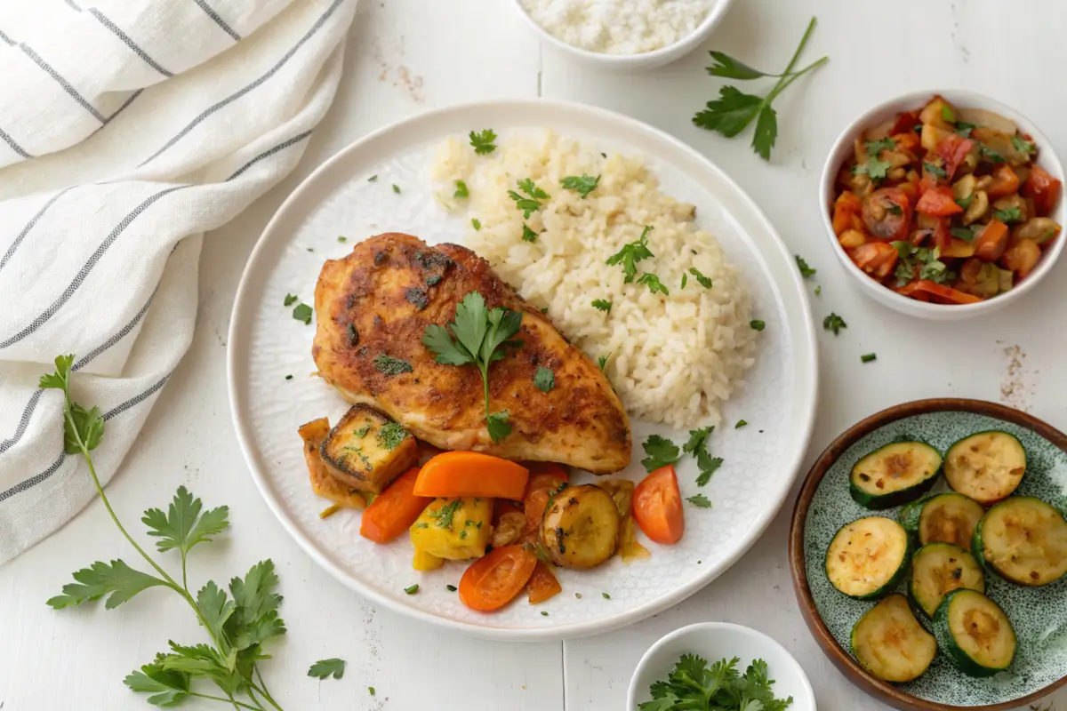 Alice Springs Chicken served with jasmine rice and vegetables