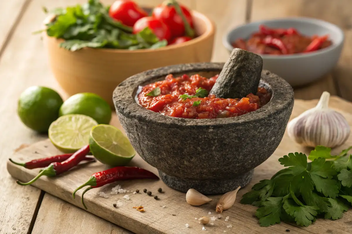 Stone molcajete with fresh salsa and ingredients.