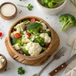 Fresh broccoli cauliflower salad in a wooden bowl with vibrant colors