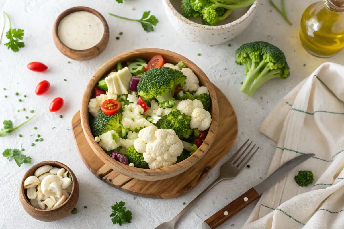 Fresh broccoli cauliflower salad in a wooden bowl with vibrant colors