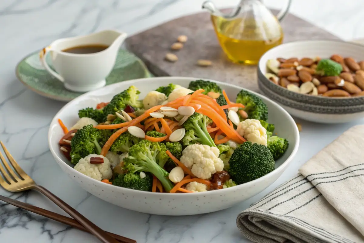 Broccoli cauliflower salad variation with carrots and almonds.