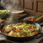 Cabbage and sausage recipe cooking in a skillet with steam rising.