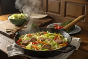 Cabbage and sausage recipe cooking in a skillet with steam rising.