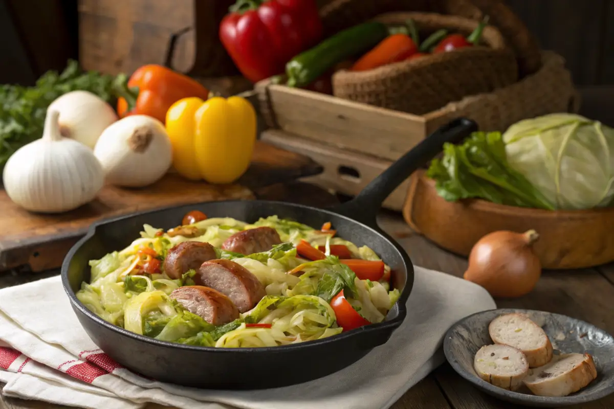 Savory cabbage and sausage dish in a skillet with fresh vegetables