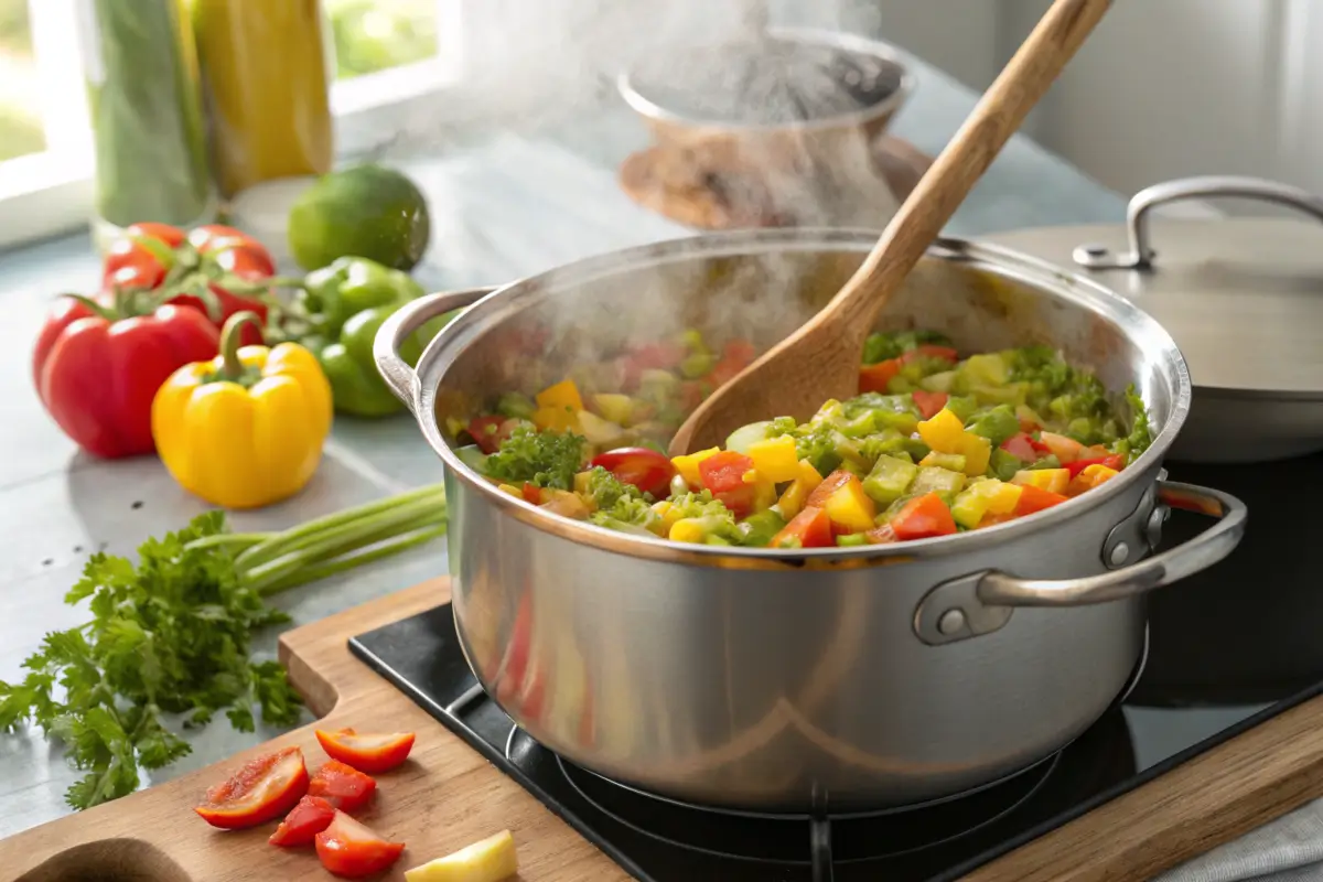 Chow chow relish cooking in a pot with vegetables being stirred