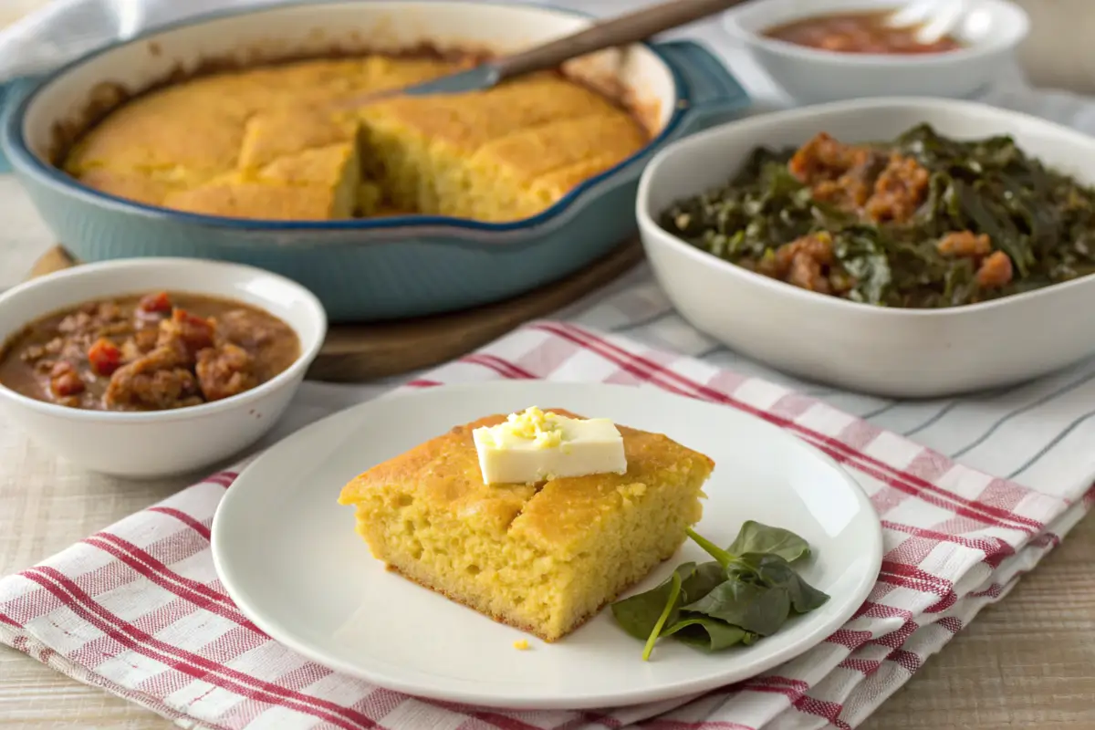 A slice of cornbread with butter served alongside chili and collard greens.