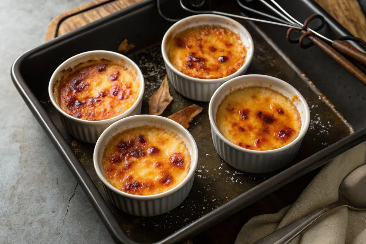 Ramekins of crab brulee in a water bath ready for baking.