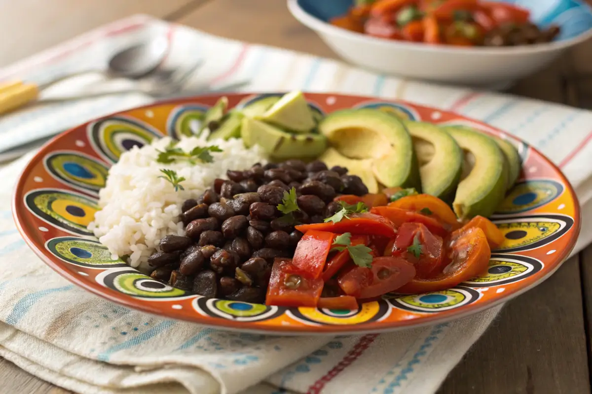 Plate of Cuban black beans served with rice and grilled vegetables.