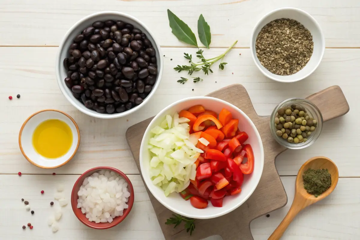 Ingredients for Cuban black beans recipe on a wooden surface.