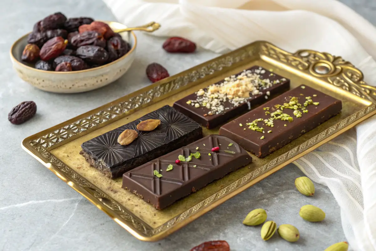 Three variations of Dubai chocolate bar on an ornate gold tray