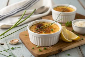 Crab brulee with caramelized sugar topping in a ramekin, garnished with chives and lemon.