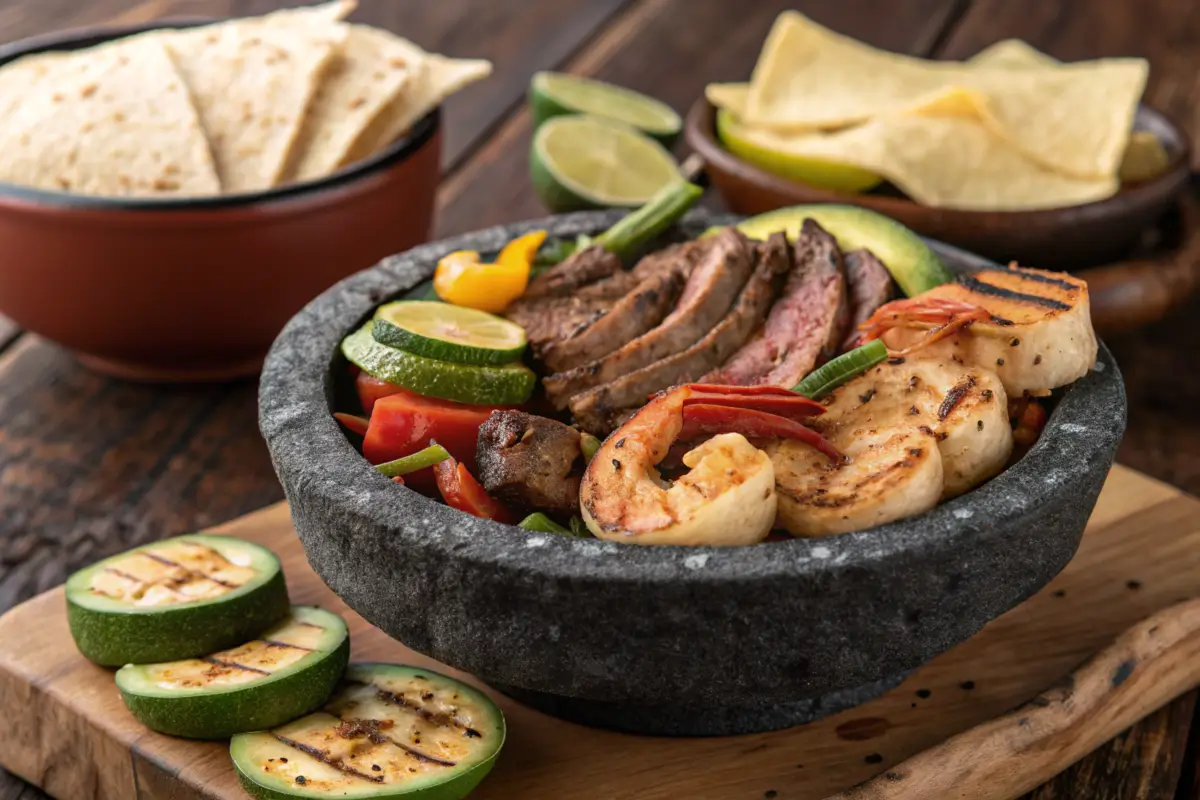 Sizzling molcajete dish with grilled proteins and vegetables.