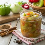 Jar of homemade chow chow relish with fresh ingredients