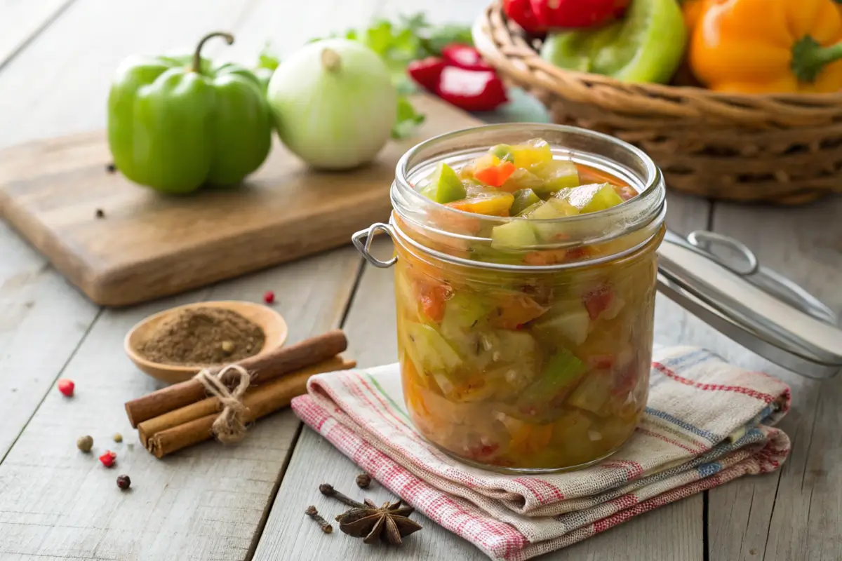 Jar of homemade chow chow relish with fresh ingredients