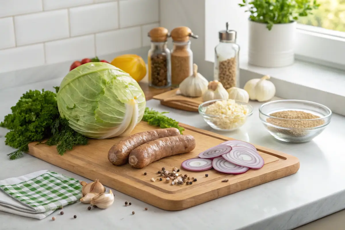 Fresh ingredients for cabbage and sausage recipe on a wooden cutting board.