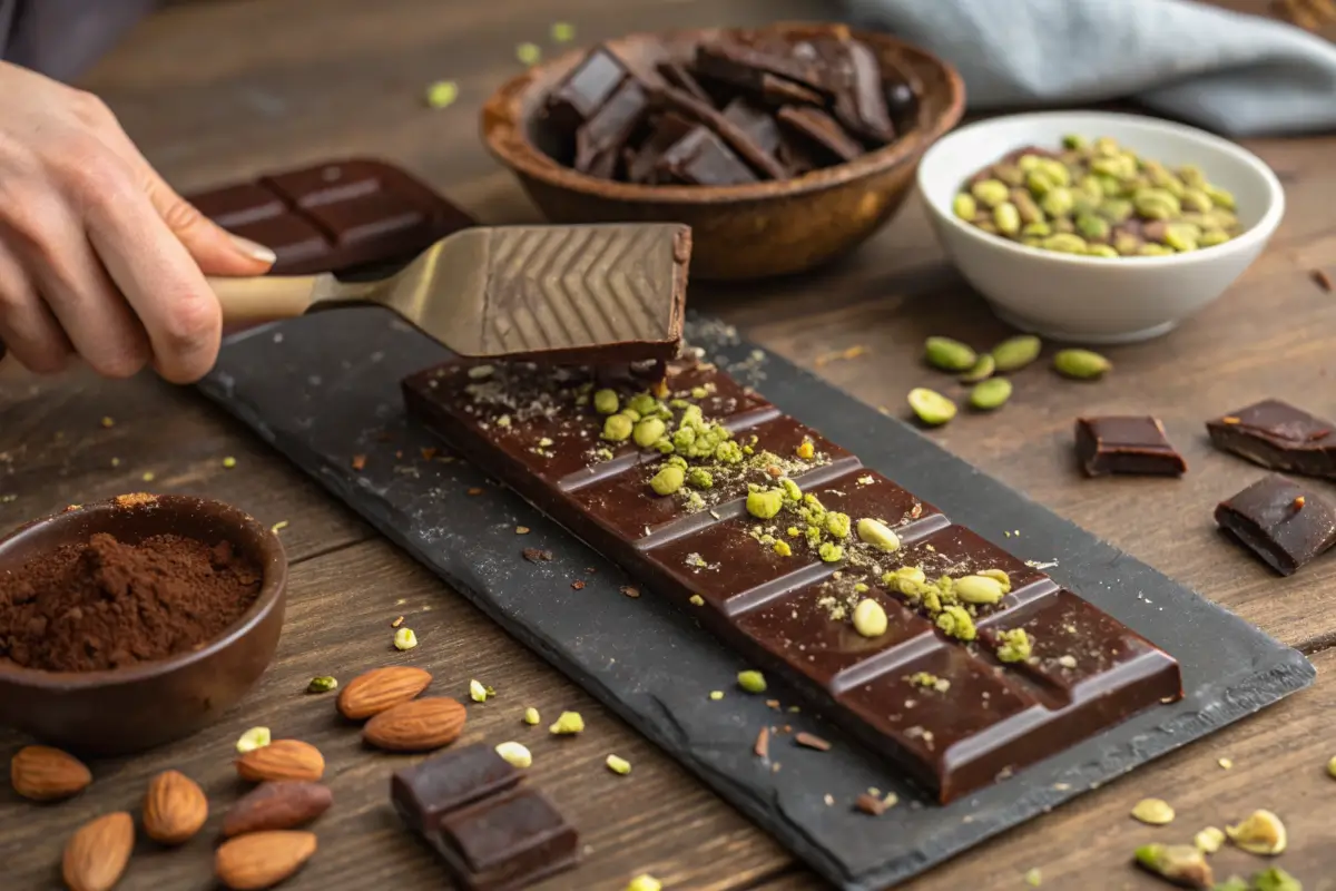 Close-up of chocolate bar layers with pistachios and melted chocolate