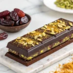 Dubai chocolate bar with pistachios and golden flakes on a marble surface