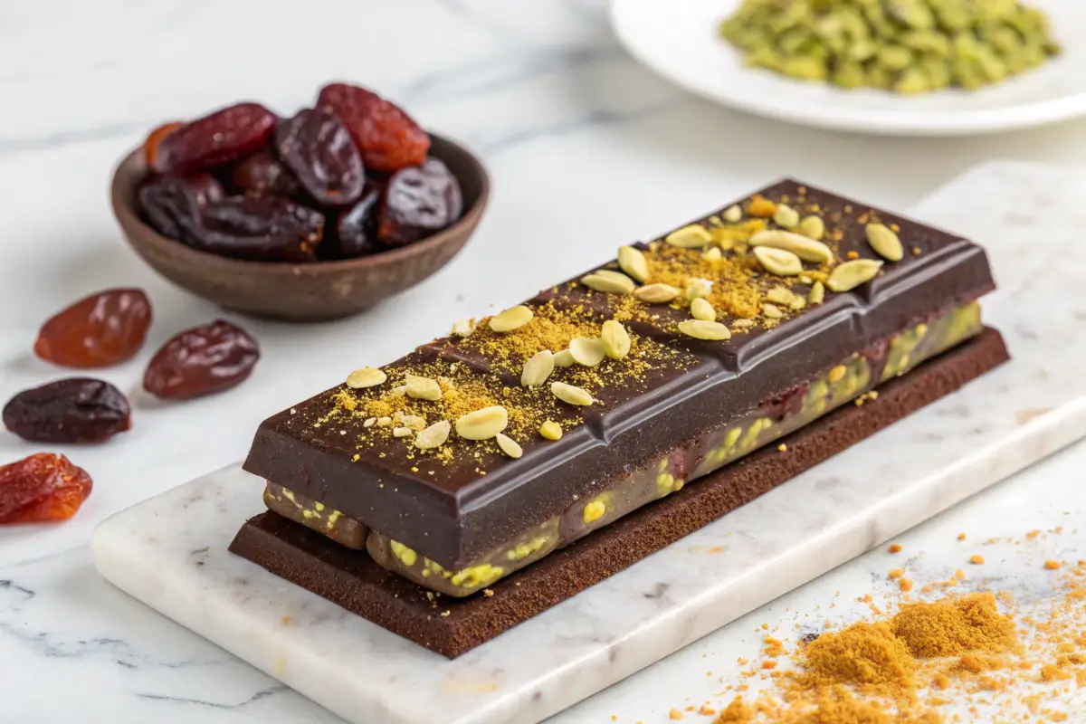 Dubai chocolate bar with pistachios and golden flakes on a marble surface