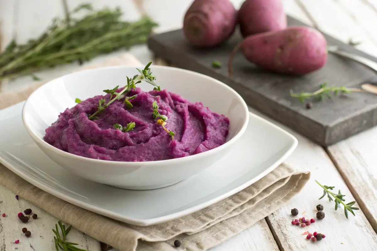 Mashed purple sweet potatoes in a white bowl with herbs.