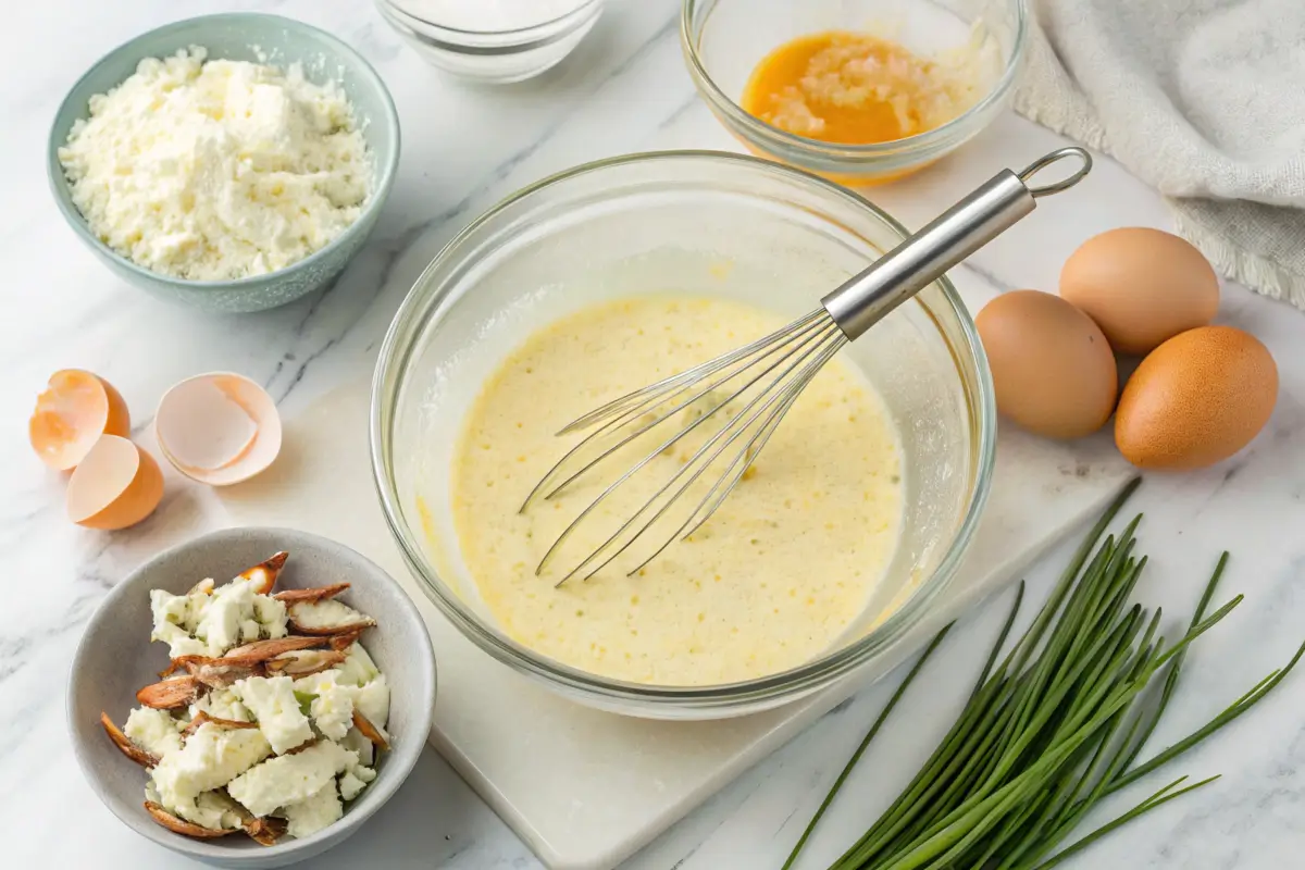 Preparing crab brulee custard with fresh ingredients on a marble countertop.