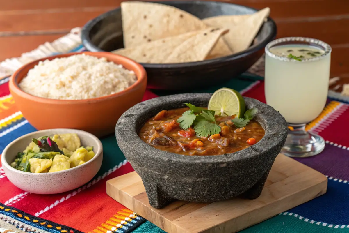 Full molcajete meal with sides and drink.