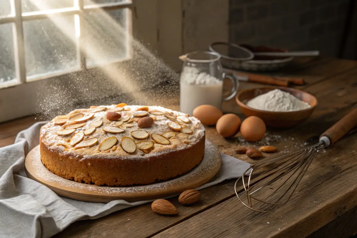 Beautifully baked almond nut cake with almond slices and powdered sugar.