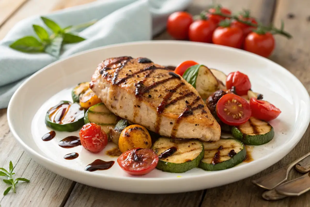 Balsamic chicken with vegetables on a white plate