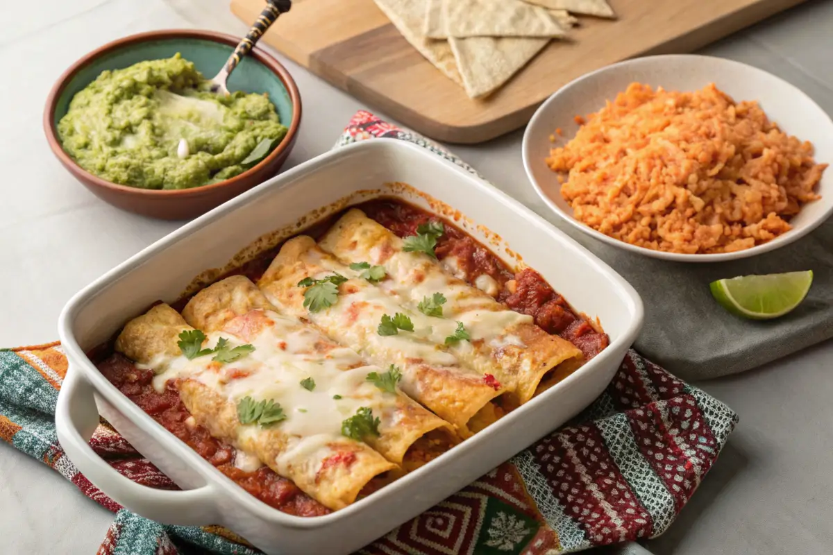 Baking Dish with Freshly Baked Boulders Enchiladas