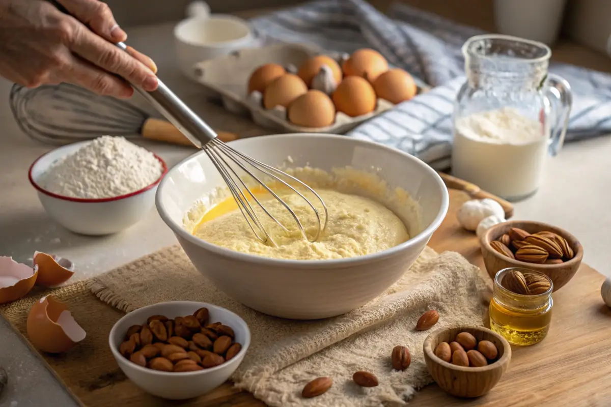 Mixing almond nut cake batter with eggs and almond flour in a bowl.