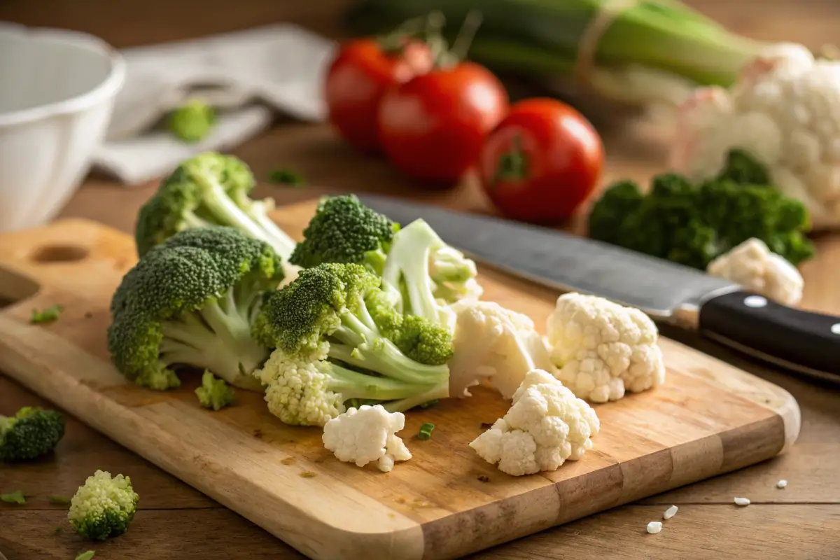 Chopped broccoli and cauliflower florets on a wooden cutting board.