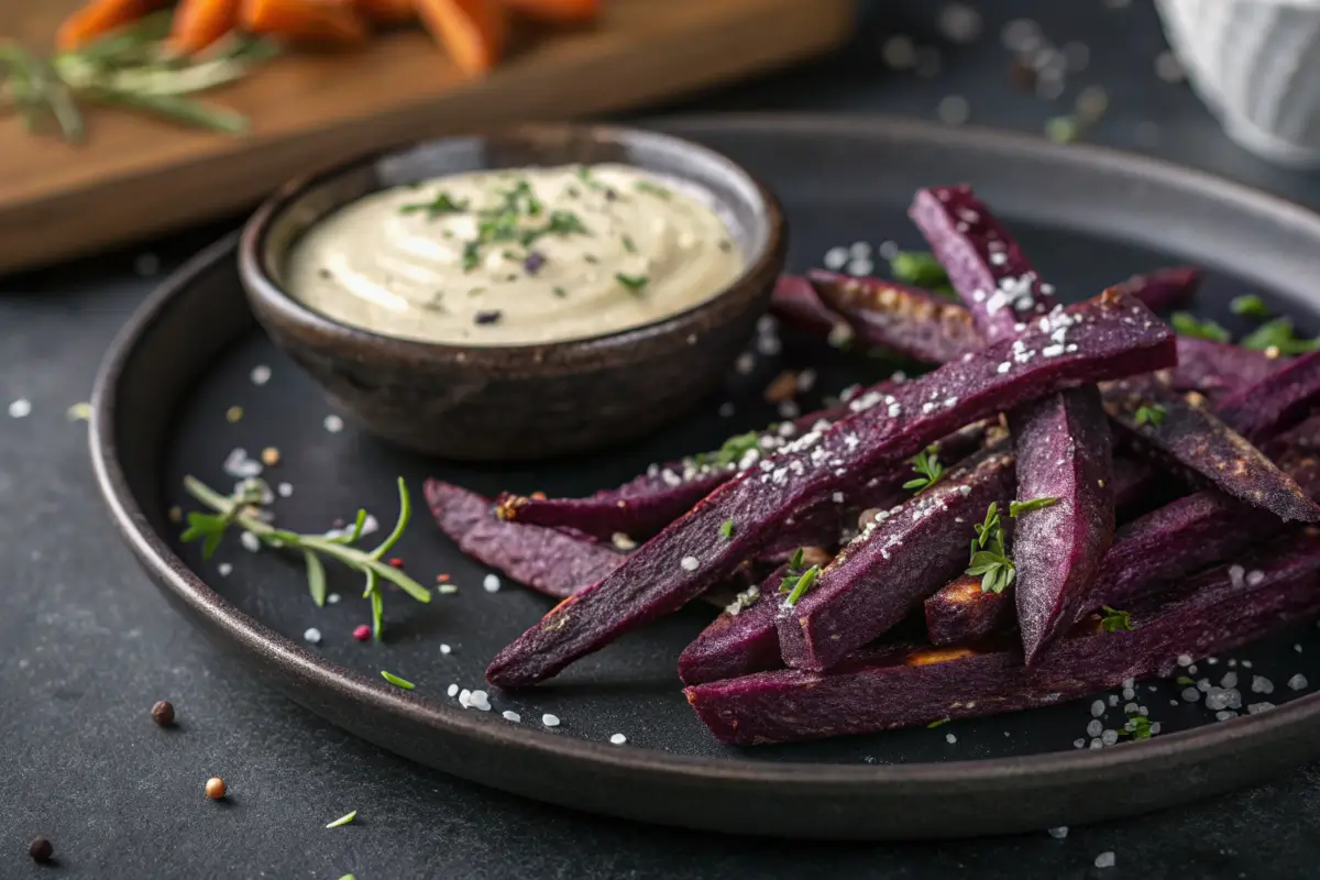 Purple sweet potato fries with garlic aioli.