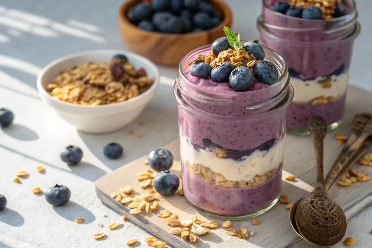 Purple sweet potato parfait with granola and blueberries.