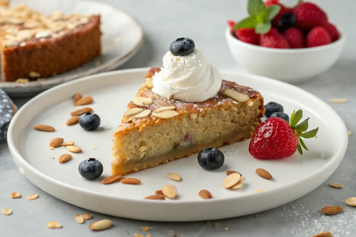 A slice of almond nut cake with whipped cream and fresh berries.