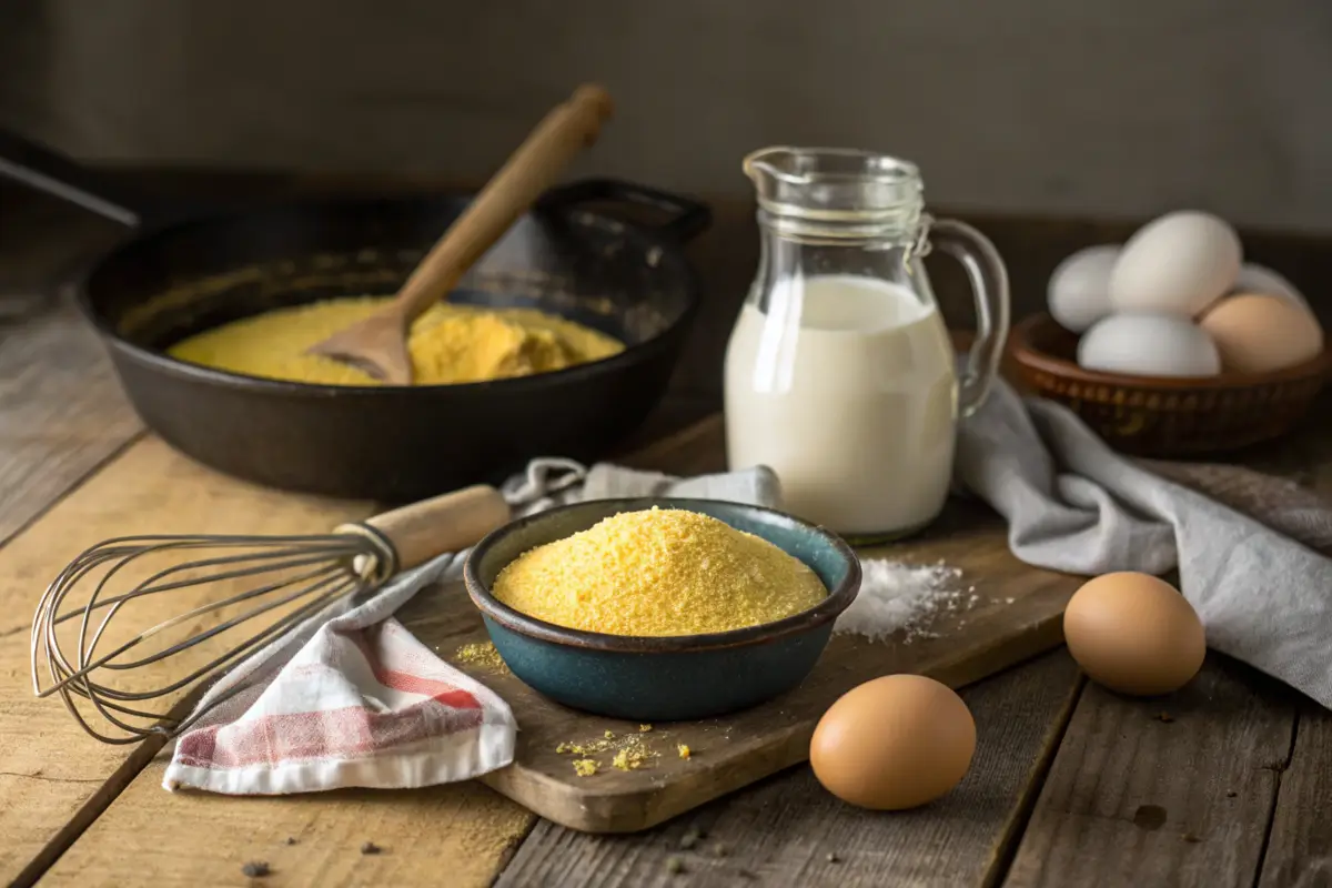 Ingredients for Southern cornbread, including cornmeal, buttermilk, and eggs.