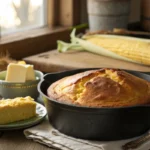 Freshly baked Southern cornbread in a cast-iron skillet.