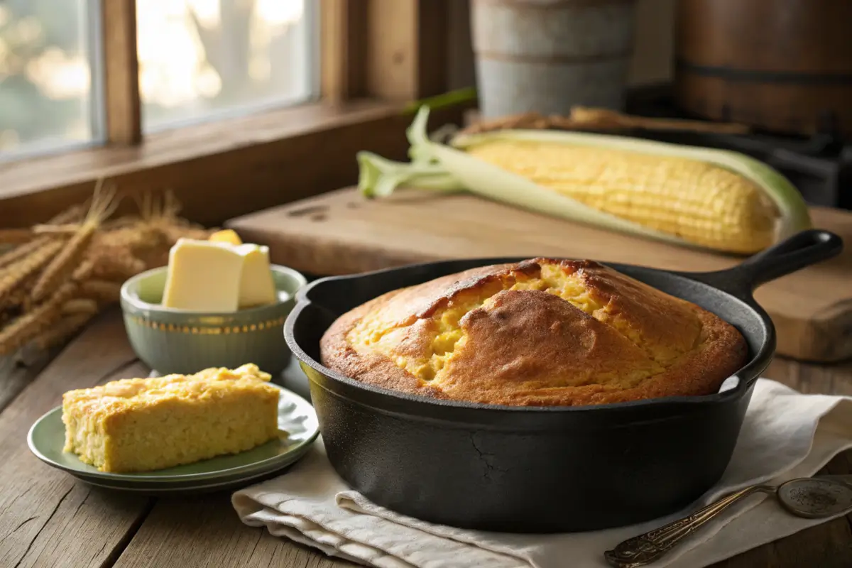 Freshly baked Southern cornbread in a cast-iron skillet.