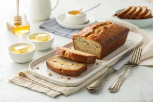 Sliced banana bread served with butter and honey