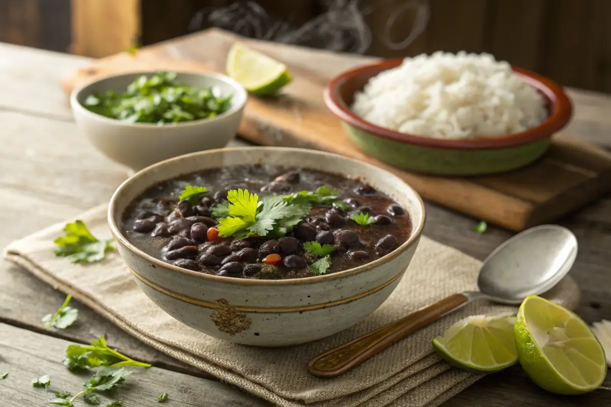 Steaming bowl of Cuban black beans garnished with cilantro and lime.