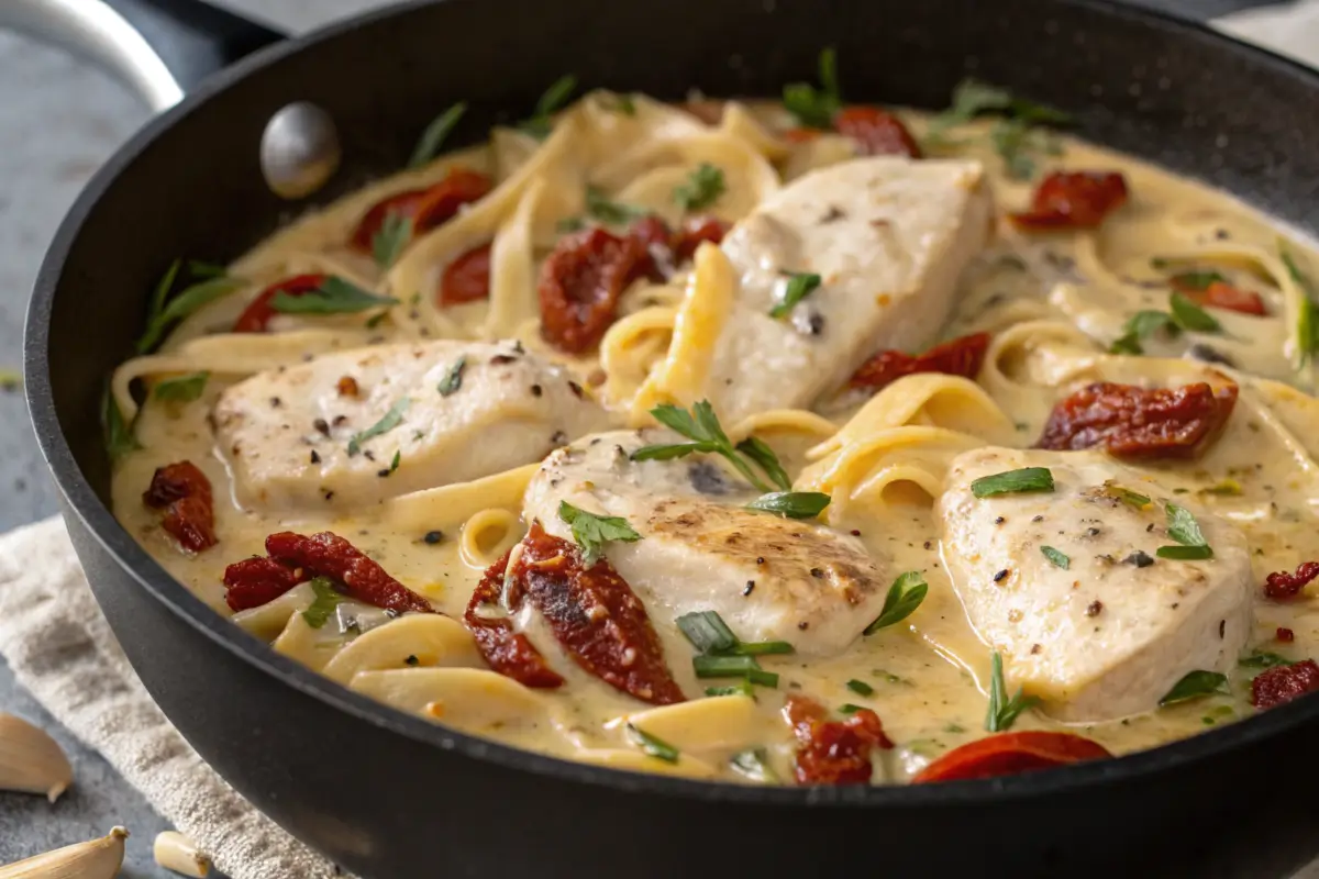 Close-up of creamy chicken pasta cooking with sun-dried tomatoes and garlic