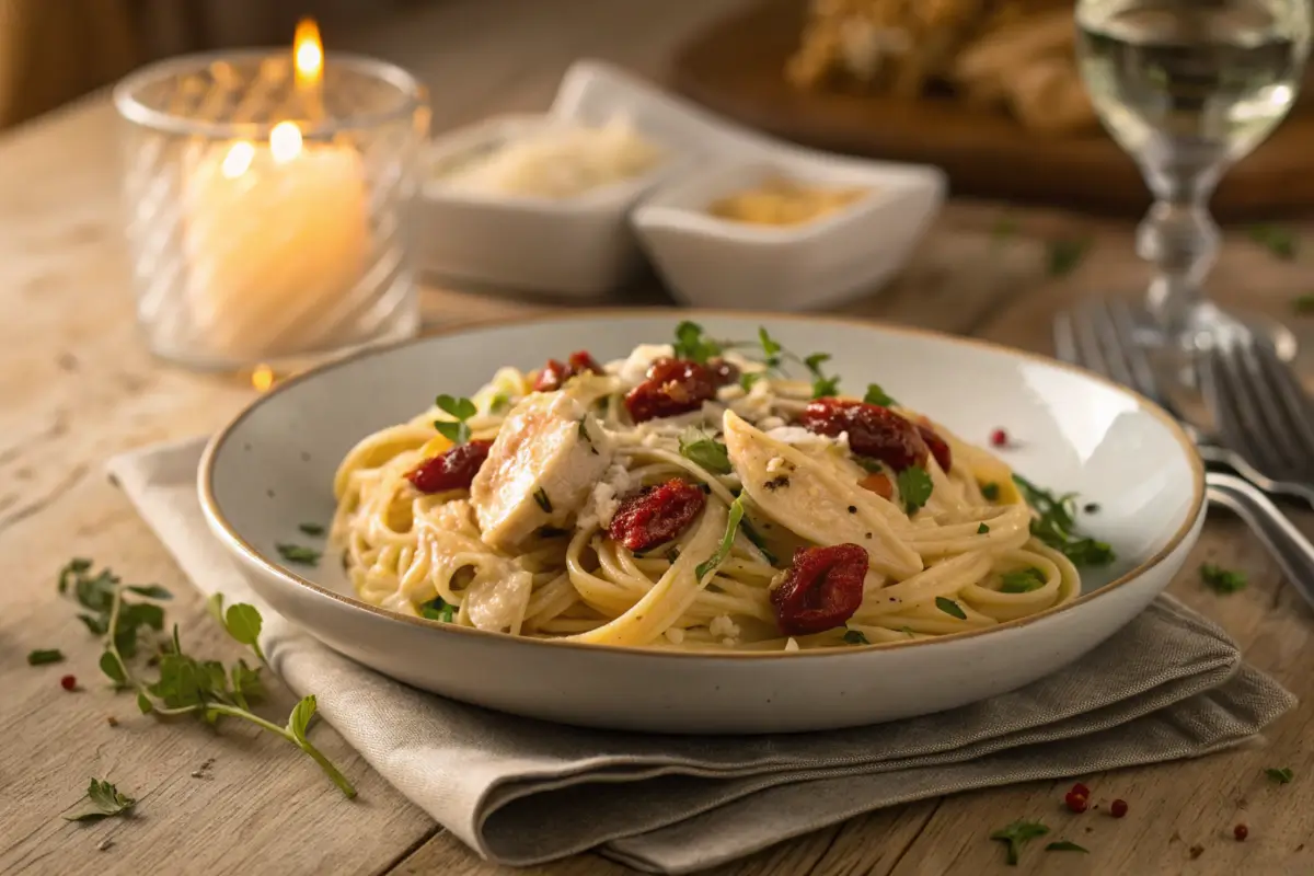 A plated dish of Marry Me Chicken Pasta with creamy sauce and herbs.