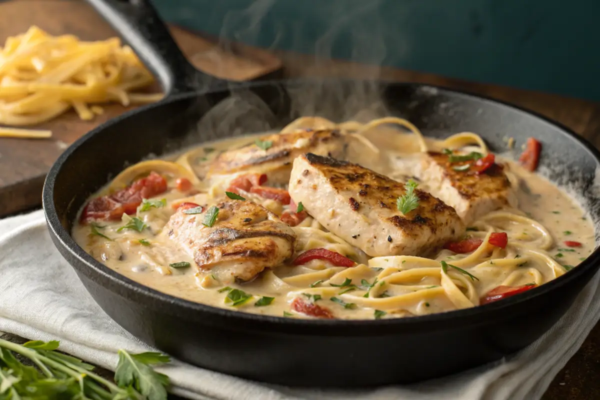 Marry Me Chicken Pasta Cooking in a Skillet