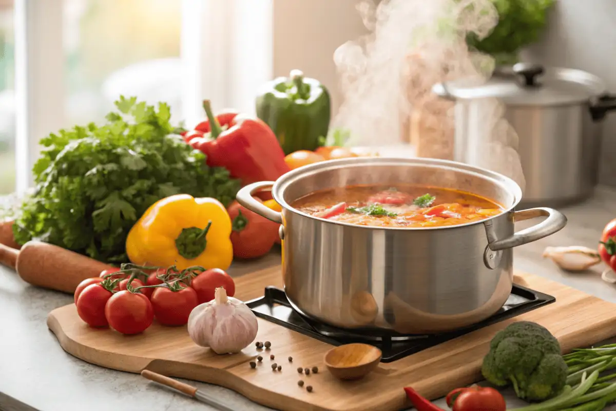 A close-up of spices, herbs, and ingredients for soup.