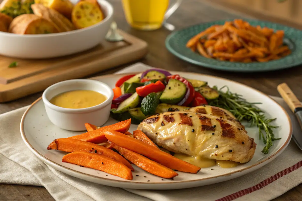 Alice Springs Chicken paired with roasted vegetables and sweet potato fries.