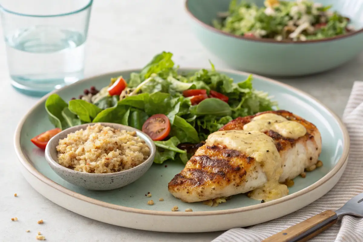 Alice Springs Chicken served with a salad and quinoa