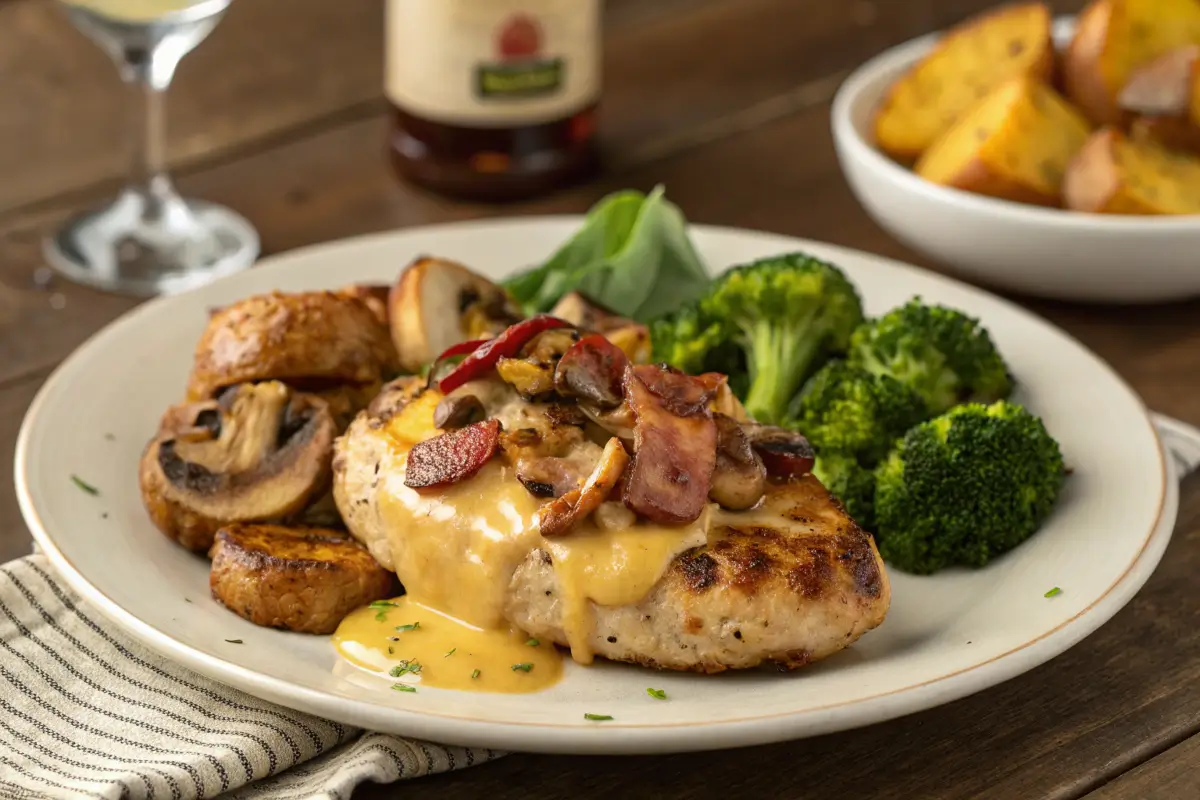 Alice Springs Chicken with healthy sides of broccoli and sweet potatoes