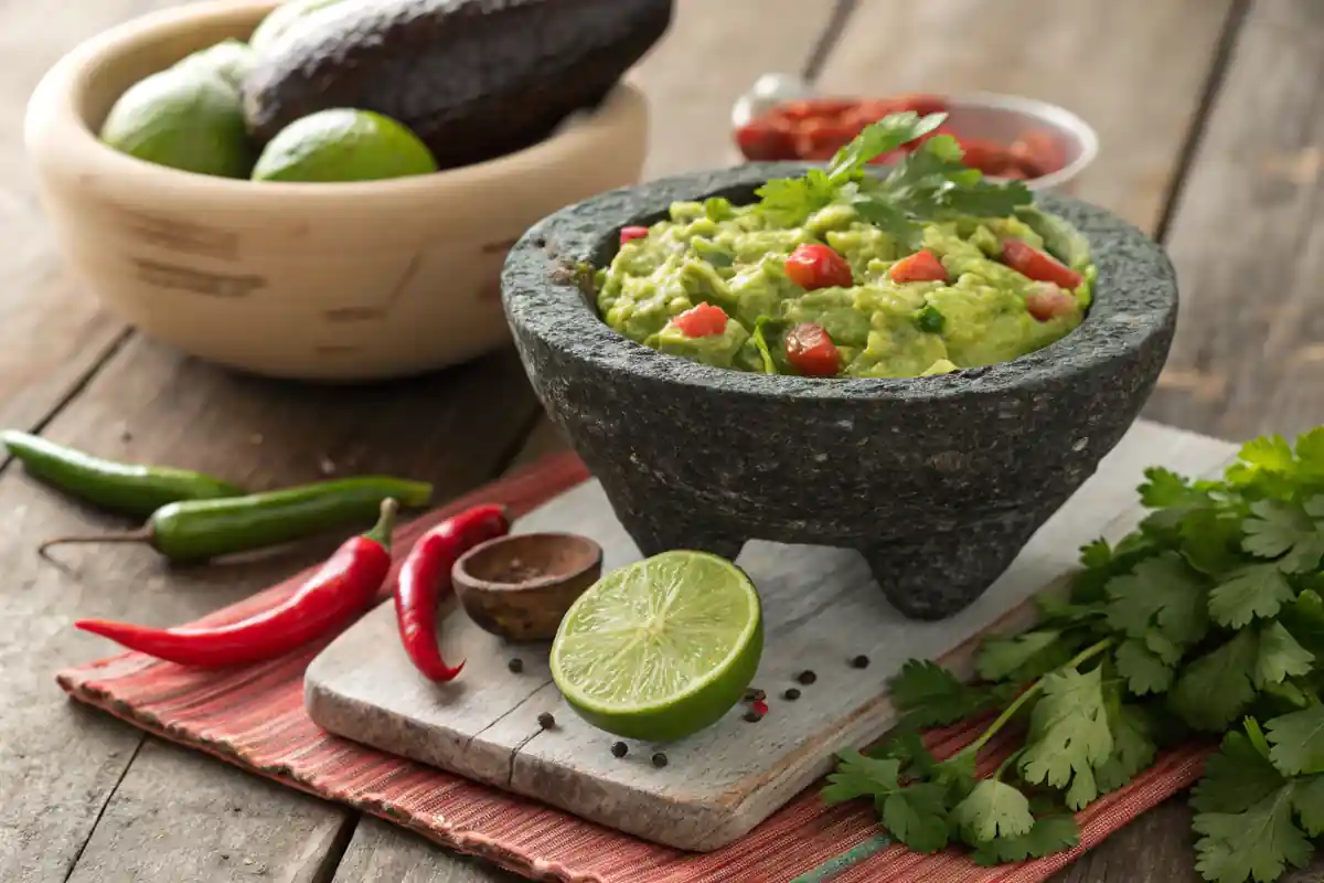 Traditional molcajete with guacamole and fresh ingredients