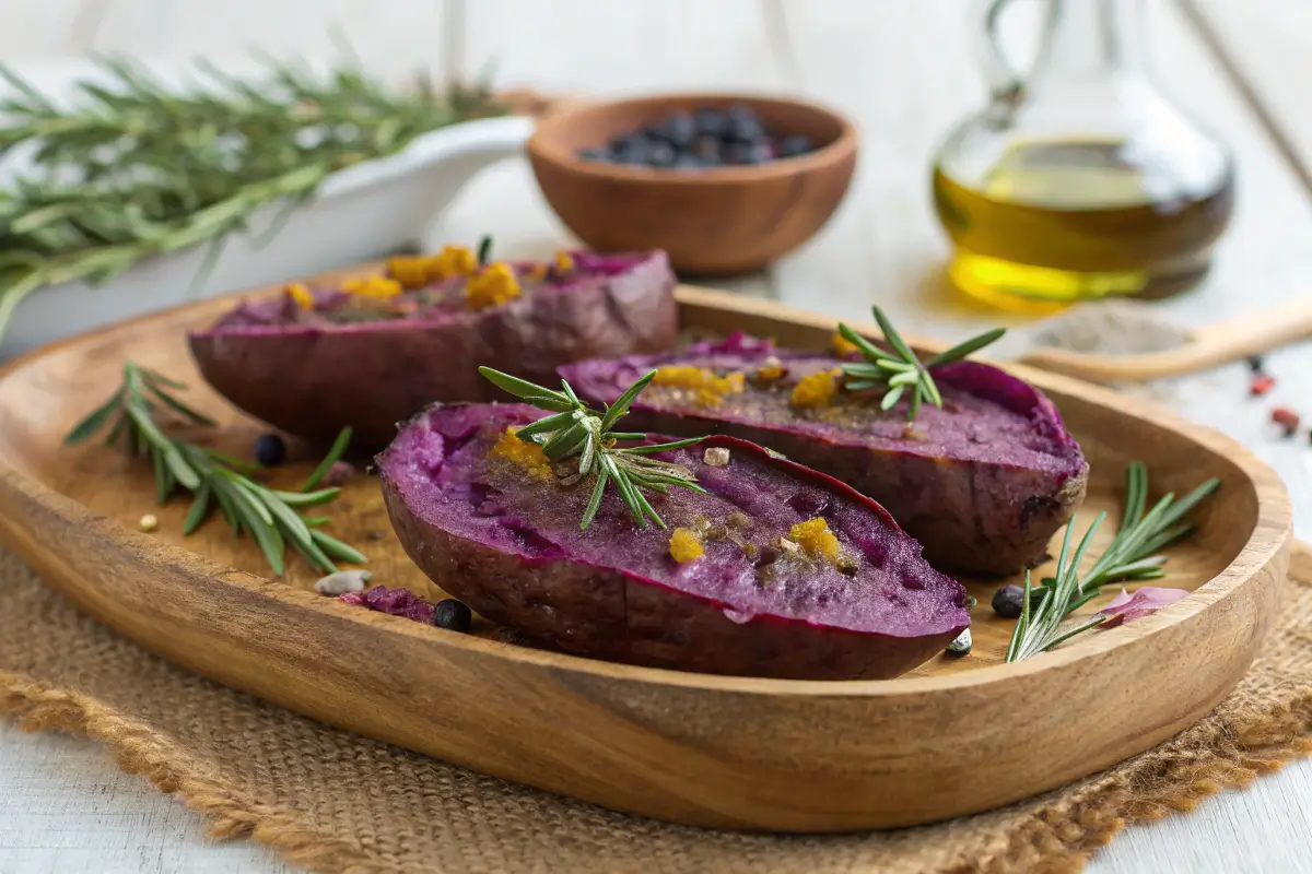 Baked purple sweet potatoes served on a rustic plate with rosemary and olive oil