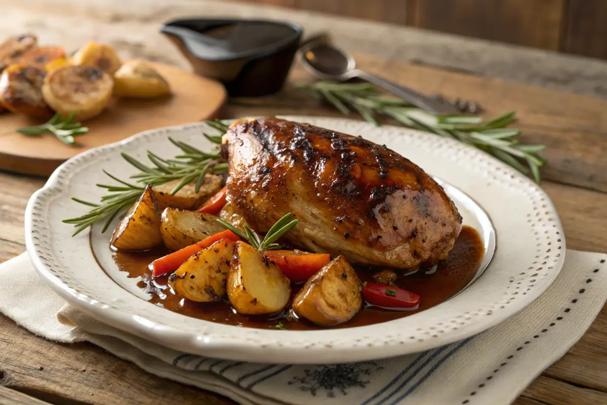 Balsamic glazed chicken with roasted vegetables