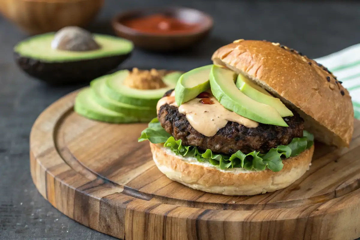 Homemade black bean burger with avocado and chipotle mayo.