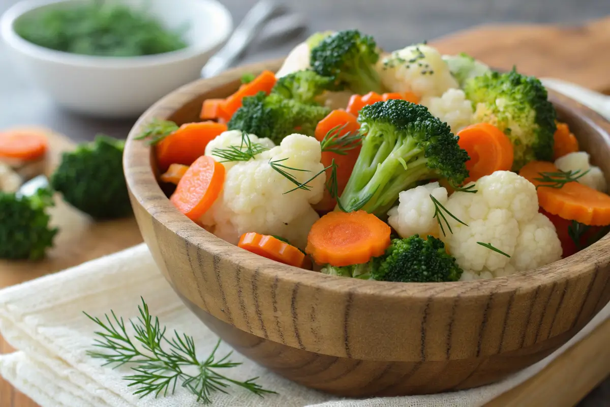 Blanched vegetable medley with broccoli, carrots, and cauliflower.